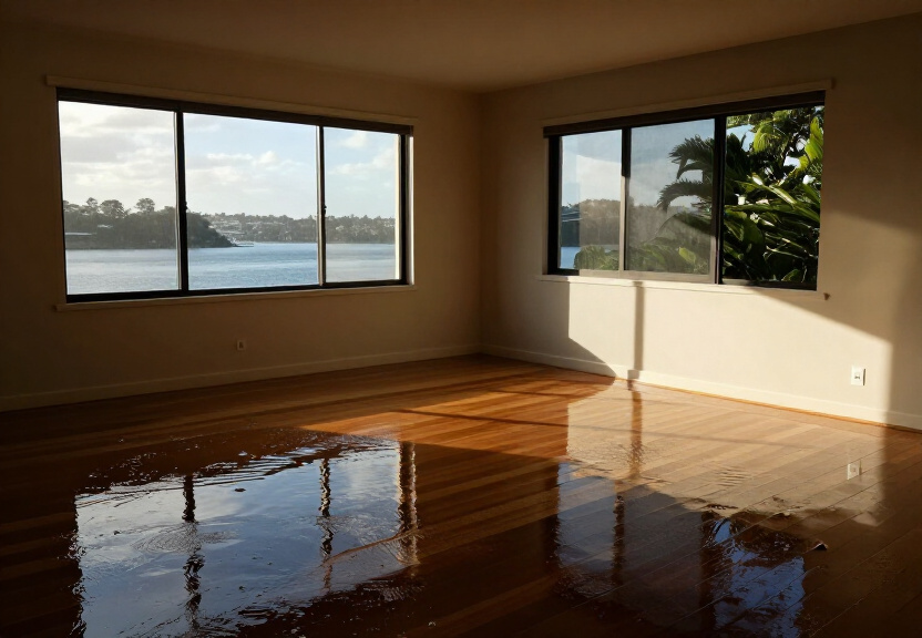 Water-damaged living room in Abbotsford before restoration